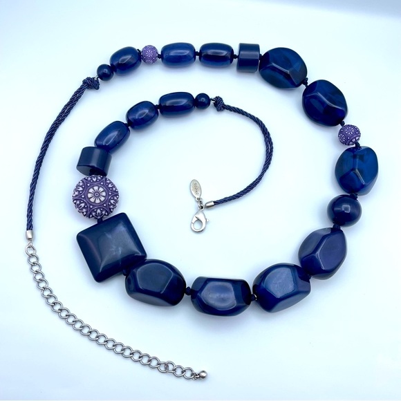Chico’s Statement Necklace Blue Resin Beads Purple Floral Accents - Picture 2 of 7